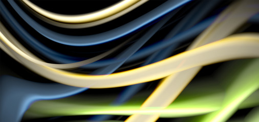 Abstract silk smooth lines on black, multicolored liquid fluid rainbow style waves on black