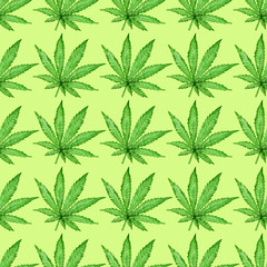 Watercolor seamless pattern with green hemp leaf on light background. Hand painted illustration. Botanical print for fabric and wrapping paper.
