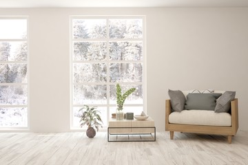 White room with armchair and winter landscape in window. Scandinavian interior design. 3D illustration