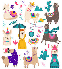 Cute llama, funny alpaca cartoon characters vector illustration. Set of isolated icons and stickers with animals. Adorable llama in sweater and hat, flat style stickers for children
