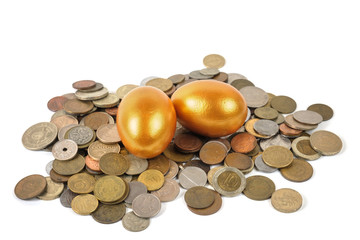 Golden eggs on a bunch of coins on a white background