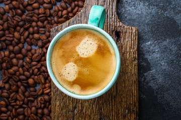 coffee drink and coffee grain (beverage, delicious hot drink). top view. copy space