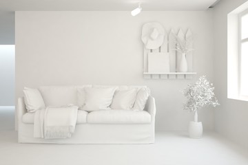 Mock up of stylish room in white color with sofa. Scandinavian interior design. 3D illustration
