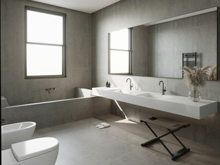 Atmospheric grey concrete bathroom with bathtub and pampas grass