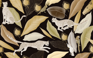 Jaguars and cockatoo parrots in mystically beautiful palm leaves. Seamless pattern. Vector illustration with tropical plants and animals on a dark background.