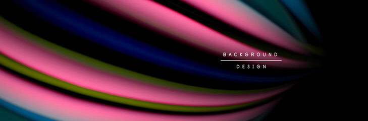 Сolorful flow poster. Wave liquid lines and shapes in black color background. Vector Illustration