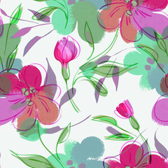 Acrylic Flowers Seamless Pattern. Hand Painted Illustration. Floral Background.