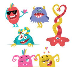 Obraz na płótnie Canvas Monster cartoon cute set. Monsters in love: ghost, goblin, cyclops; bigfoot yeti, troll, devil. Valentine's day greeting card characters. Cute kawaii flat aliens.