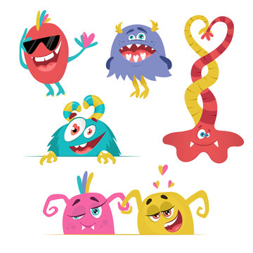 Monster cartoon cute set. Monsters in love:  ghost, goblin, cyclops; bigfoot yeti, troll, devil. Valentine's day greeting card characters. Cute kawaii flat aliens.