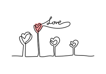 Continuous one line drawing of word LOVE, vector minimalist black and white illustration of love valentine