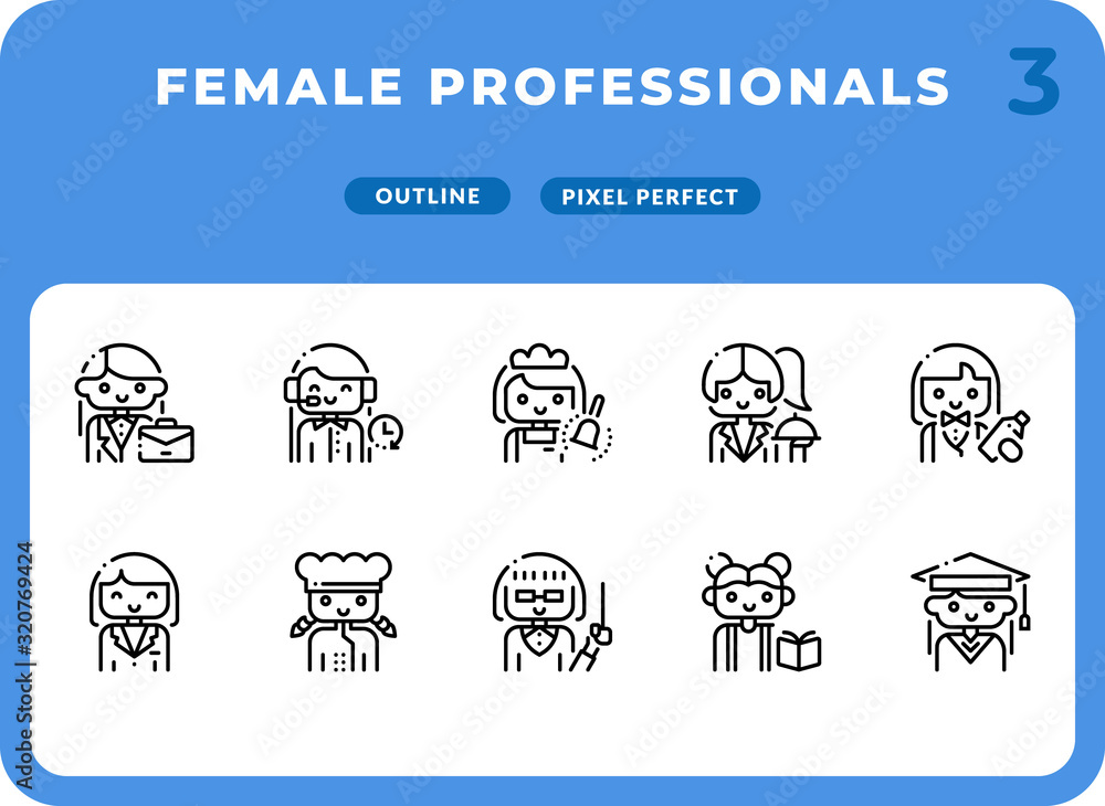 Poster female professional careers outline icons pack for ui. pixel perfect thin line vector icon set for w