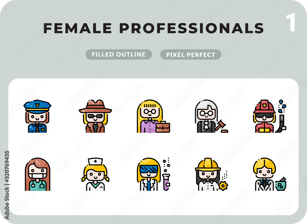 Poster female professional careers filled icons pack for ui. pixel perfect thin line vector icon set for we