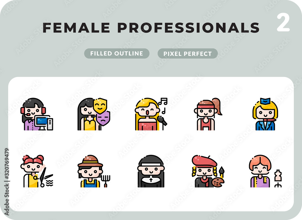 Poster female professional careers filled icons pack for ui. pixel perfect thin line vector icon set for we