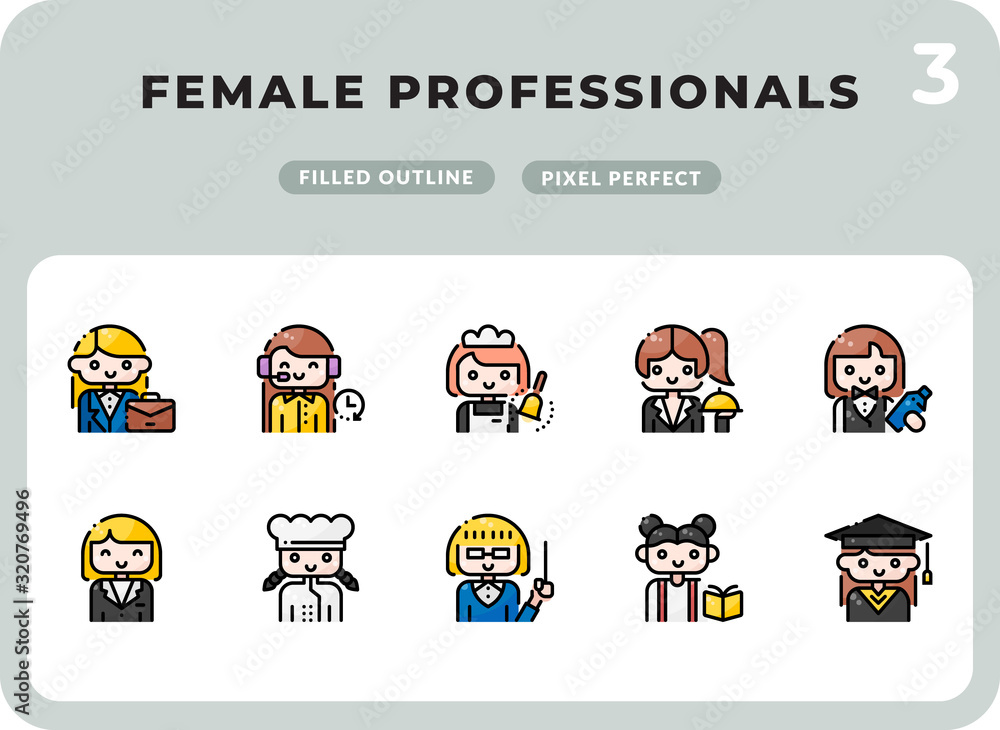 Poster female professional careers filled icons pack for ui. pixel perfect thin line vector icon set for we