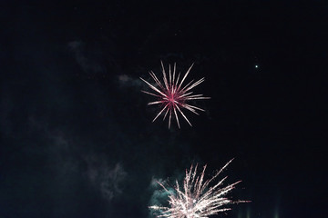 Simple red fireworks against the dark sky.