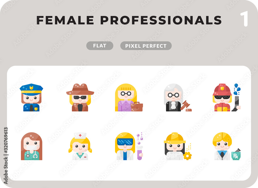 Poster female professional careers flat icons pack for ui. pixel perfect thin line vector icon set for web 