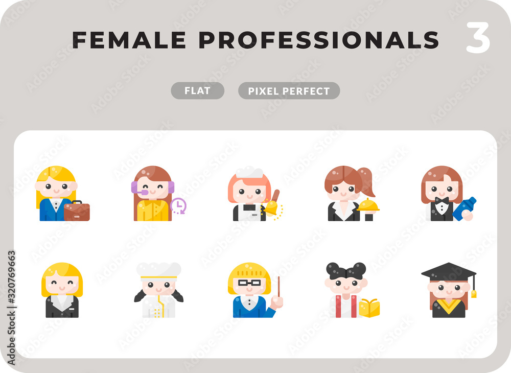 Poster female professional careers flat icons pack for ui. pixel perfect thin line vector icon set for web 