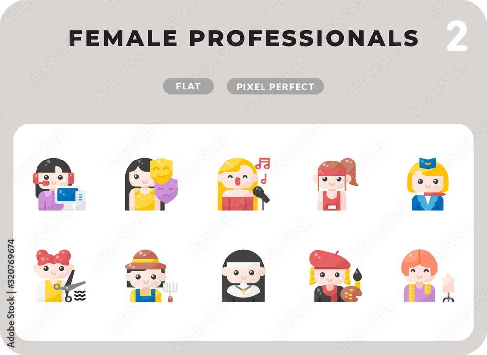 Poster female professional careers flat icons pack for ui. pixel perfect thin line vector icon set for web 