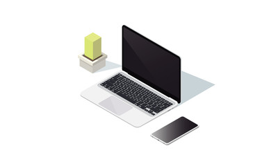 Minimalist mobile workspace for productive and healthy work. Vector isometric illustration of a modern workplace