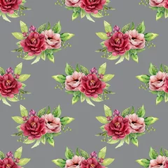 Gardinen Burgundy flowers seamless pattern with Anemone flower and green leaves. Gray background © Oksana