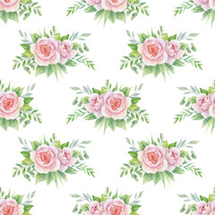 Floral seamless pattern. Watercolor hand drawn bouquets with pink peonies