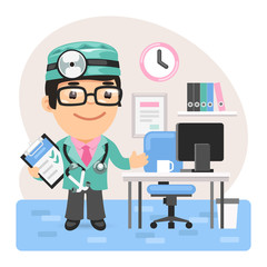Cartoon smiling doctor physician in a clinic near the table. Composition with a professional. Flat male character.