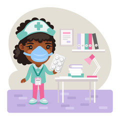 Cartoon masked nurse with pills in a clinic near the table. Composition with a professional. Flat female character.