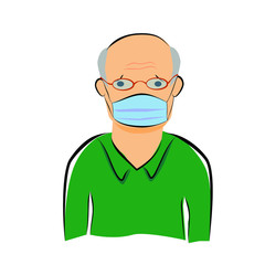 Simple Vector, Hand Draw Sketch, Sick Old Man using Mask, Isolated on White