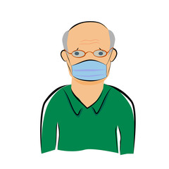 Simple Vector, Hand Draw Sketch, Sick Old Man using Mask, Isolated on White