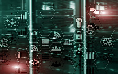 Abstract Internet digital technology concept server rack room background.