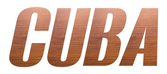 CUBA word with brown wooden texture on white background.