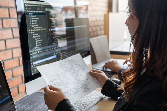 Programmers cooperating at Developing programming and website working in a software develop company office, writing codes and typing data code, Programming with HTML, PHP and javascript
