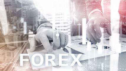 Forex trading, financial candle chart and graphs on blurred business center background.