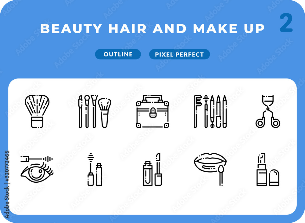 Poster beauty hair and make up outline icons pack for ui. pixel perfect thin line vector icon set for web d