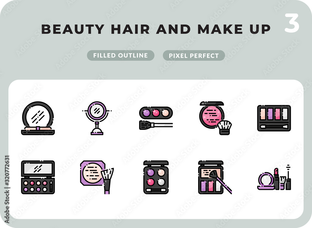 Poster beauty hair and make up filled icons pack for ui. pixel perfect thin line vector icon set for web de