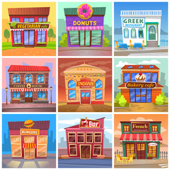 Gastronomy service, set of restaurants and cafe exteriors vector. Vegetarian diner and greek cuisine. Indian and french food. Burgers and pub, place to eat and drink. Cafe bakery, kiosk building