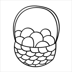 Easter eggs in a wicker basket with a handle. Vector illustration in Doodle style. Isolated object on a white background. Design element for children's books-paints, textiles, posters, school project