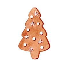 Watercolor illustration of a brown ginger cookie in the form of a Christmas tree with white and red icing. Hand drawn painting