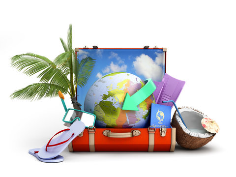 modern summer travel concept suitcase with a globe inside near accessories for summer holidays 3d render on white