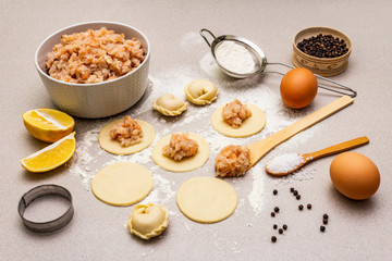 Fish dumplings. Ingredients for home cooking. Fresh dough, fish, spices, cooking equipment. Stone concrete background