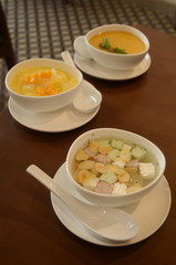 Vietnamese dessert: Che Khuc Bach – Almond Panna Cotta Lychee Dessert (front), Mango sweet soup with tapioca pearls  (middle) and Sum sum rice pudding (back).