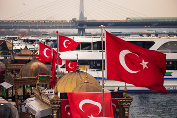 Istanbul balik ekmek boats near Galata bridge, Turkey