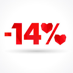 Special offer -14% sale Happy Valentine`s day, percent sign with facet hearts. Vector illustration design for fashion discount banner Valentine. Graphic symbol of love