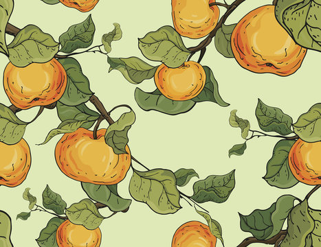 Spring seamless pattern with apples. Apple branches with fruits and leaves, light background, imitation of acarel.