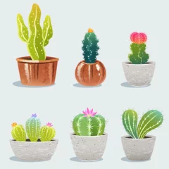 Foto op Plexiglas Cactus in pot Set van zes cactussen in bloempot. Thuis planten. vectorillustratie