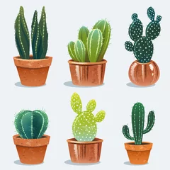 Foto op Plexiglas Cactus in pot Set van zes cactussen in bloempot. Thuis planten. vectorillustratie