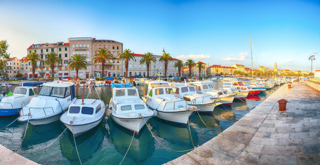 City center, cathedral tower, boats and yachts in marina of Split © pilat666