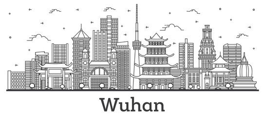 Naklejka premium Outline Wuhan China City Skyline with Modern Buildings and Reflections Isolated on White. Vector Illustration. Wuhan Cityscape with Landmarks.