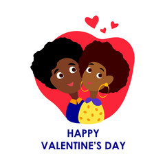 Happy St Valentine Day Celebration.14th February.African Dark Skin Man,Woman Loving Couple Gently Hug.Boyfriend and Girlfriend Dating,Falling in Love