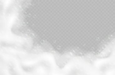 Realistic bath foam with bubbles isolated on transparent background. Sparkling shampoo and soap lather border vector illustration.